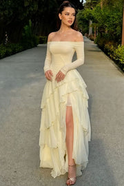 Yellow Off-Shoulder Long Sleeves A-Line Ruffles Prom Dress with Slit