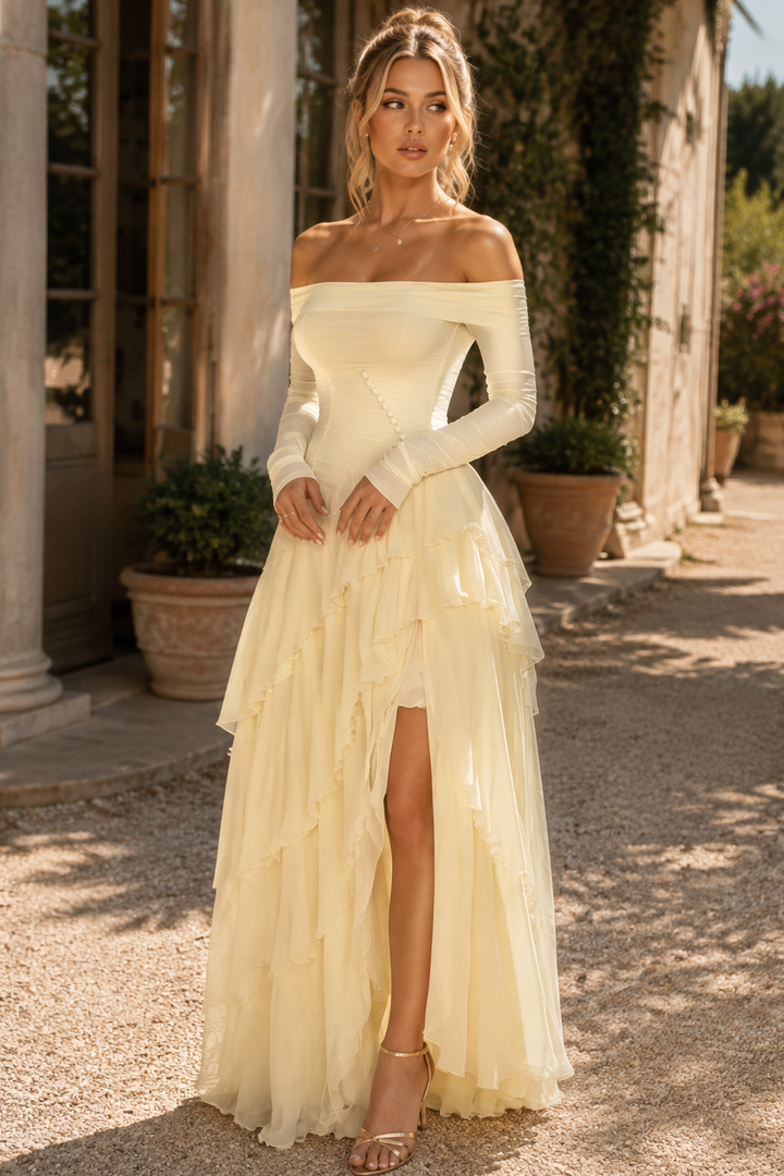 Yellow Off-Shoulder Long Sleeves A-Line Ruffles Prom Dress with Slit