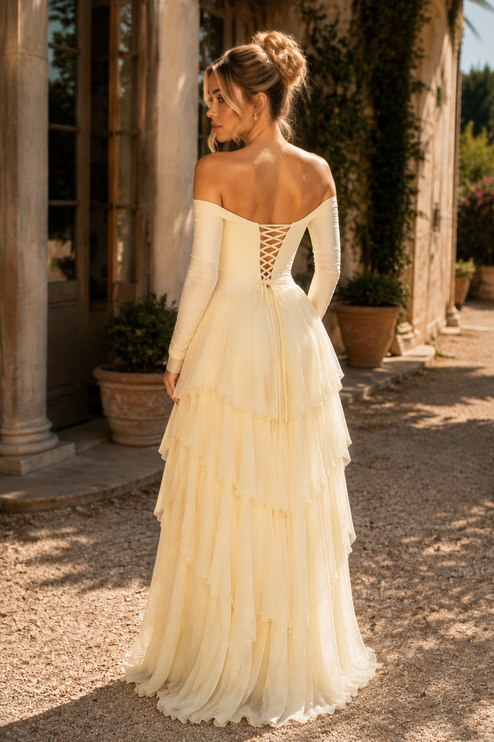 Yellow Off-Shoulder Long Sleeves A-Line Ruffles Prom Dress with Slit