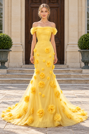 Yellow Off-Shoulder Mermaid Strapless 3D Flower Appliques Long Prom Dress