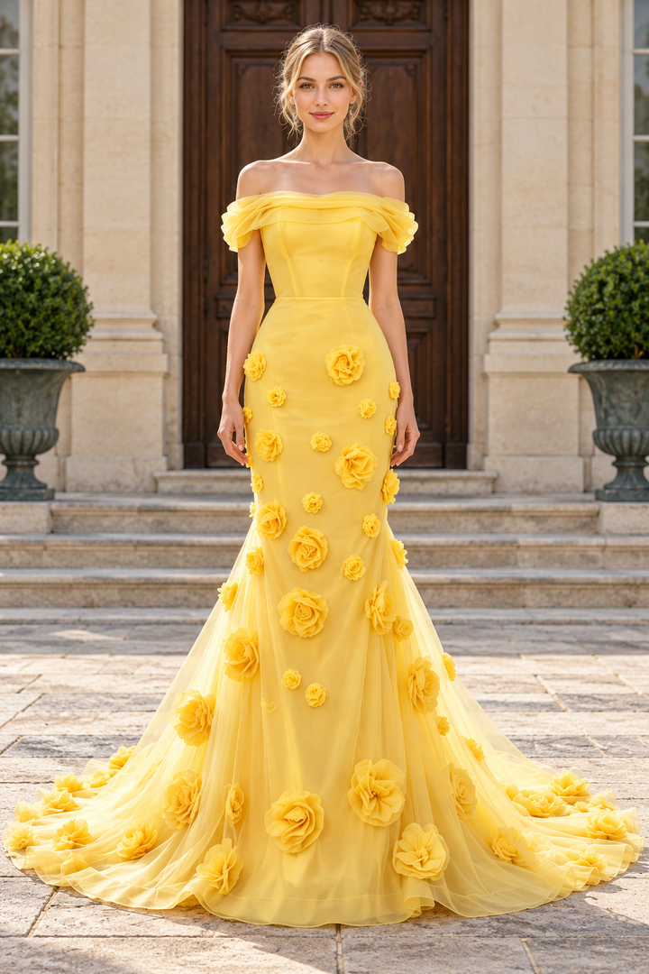 Yellow Off-Shoulder Mermaid Strapless 3D Flower Appliques Long Prom Dress