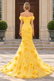 Yellow Off-Shoulder Mermaid Strapless 3D Flower Appliques Long Prom Dress