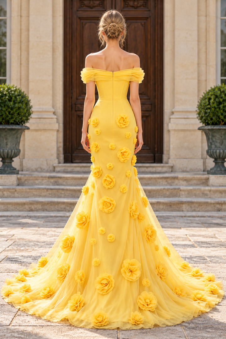 Yellow Off-Shoulder Mermaid Strapless 3D Flower Appliques Long Prom Dress