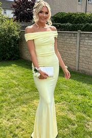 Yellow Off-Shoulder Satin Pleated Sheath Long Prom Formal Dress