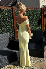 Yellow Off-Shoulder Satin Pleated Sheath Long Prom Formal Dress