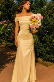 Yellow Off-Shoulder Satin Pleats Long Prom Evening Dress
