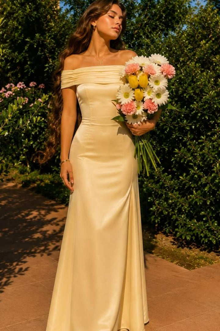 Yellow Off-Shoulder Satin Pleats Long Prom Evening Dress