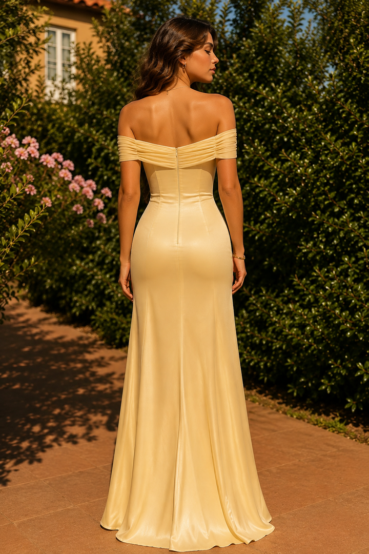 Yellow Off-Shoulder Satin Pleats Long Prom Evening Dress