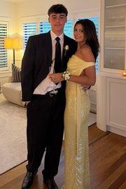 Yellow Off-Shoulder Sheath Back Bow Sequins Long Prom Dress