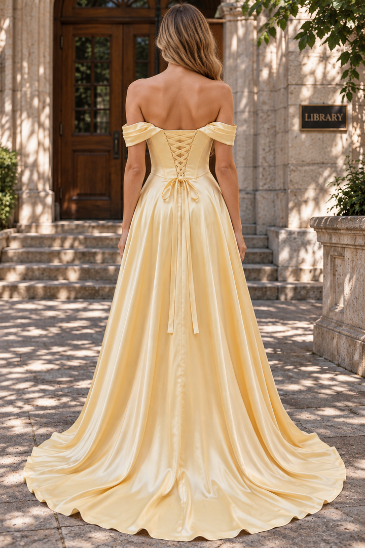 Yellow Off-Shoulder Sweetheart A-Line Satin Pleated Empire-Waist Long Prom Dress with Slit