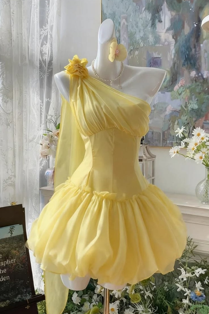 Yellow One Shoulder Mini Dress Corset Bubble Homecoming Dress