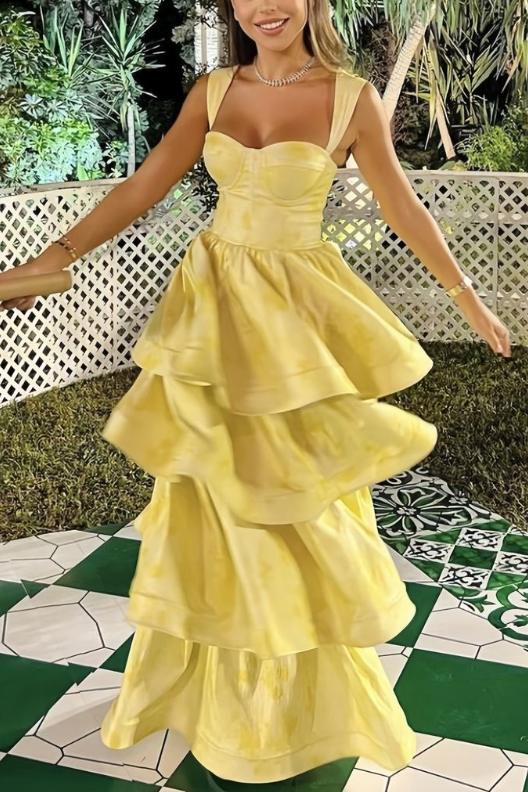 Yellow Printing A-Line Tiered Sleeveless Long Prom Formal Dress