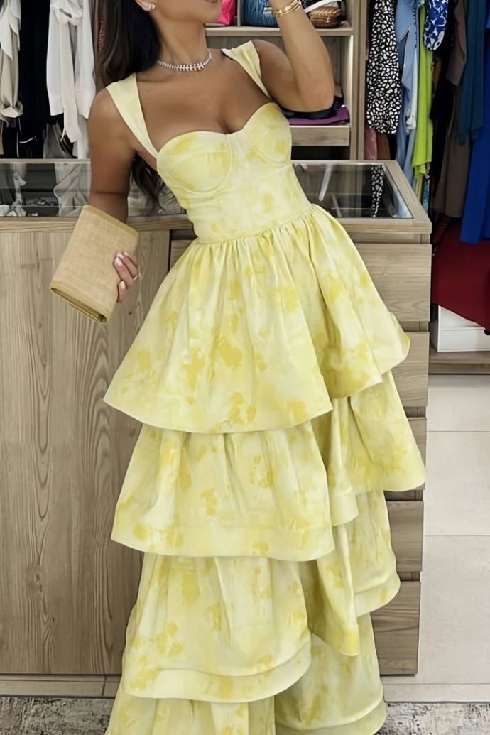 Yellow Printing A-Line Tiered Sleeveless Long Prom Formal Dress