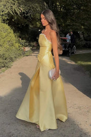 Yellow Scoop Neck A-Line Pleated Satin Prom Formal Evening Dress