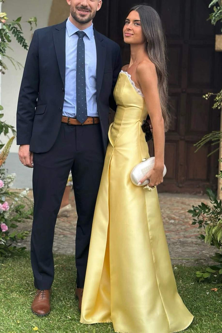 Yellow Scoop Neck A-Line Pleated Satin Prom Formal Evening Dress
