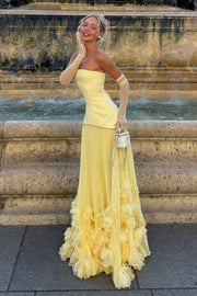 Yellow Scoop Neck A-Line Ruffles Long Prom Evening Dress
