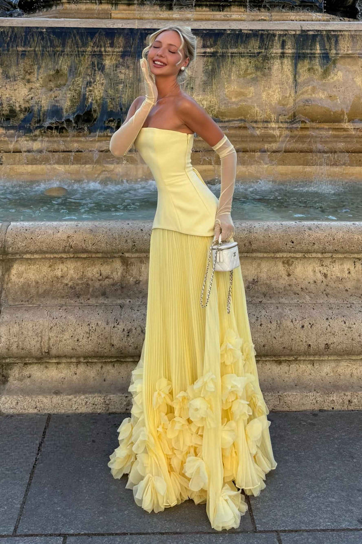 Yellow Scoop Neck A-Line Ruffles Long Prom Evening Dress