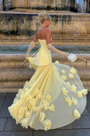 Yellow Scoop Neck A-Line Ruffles Long Prom Evening Dress