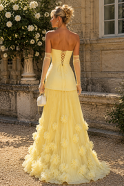 Yellow Scoop Neck A-Line Ruffles Long Prom Evening Dress