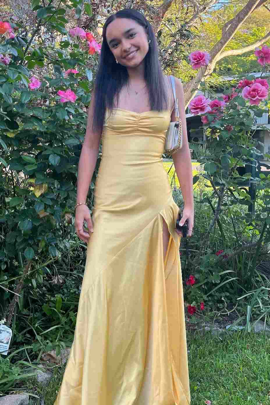 Simple Yellow Spaghetti Straps Satin Long Prom Formal Dress with Slit