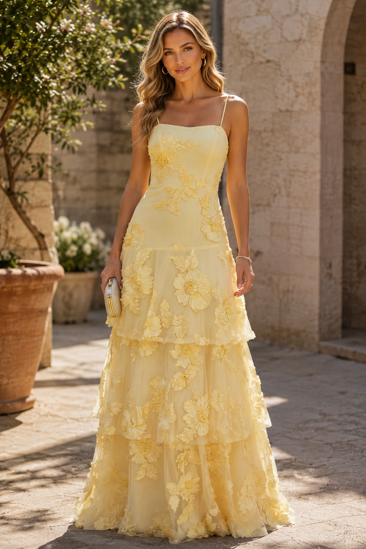 Yellow Spaghetti Straps Tiered Ruffles A-Line Long Prom Dress with Appliques