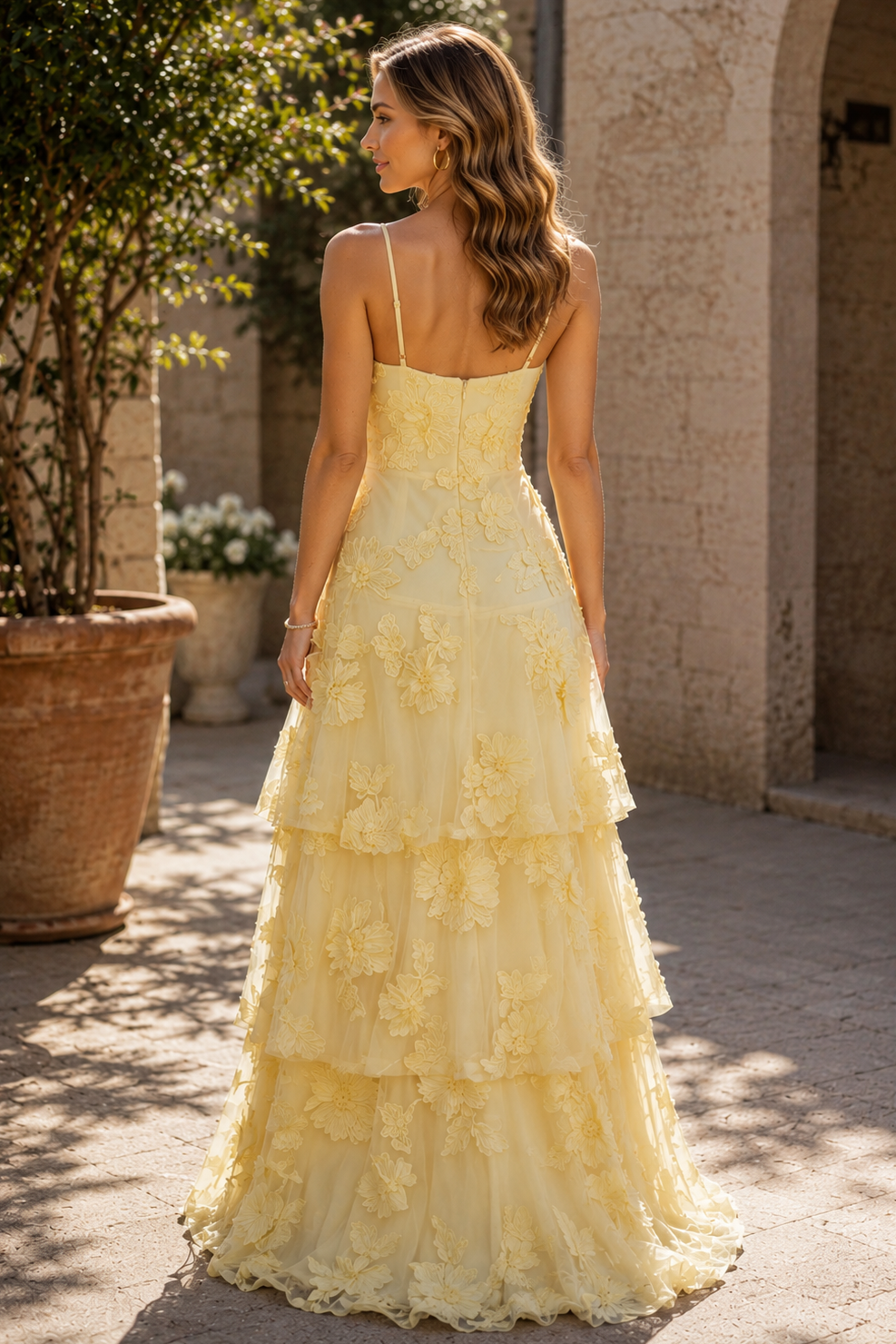 Yellow Spaghetti Straps Tiered Ruffles A-Line Long Prom Dress with Appliques