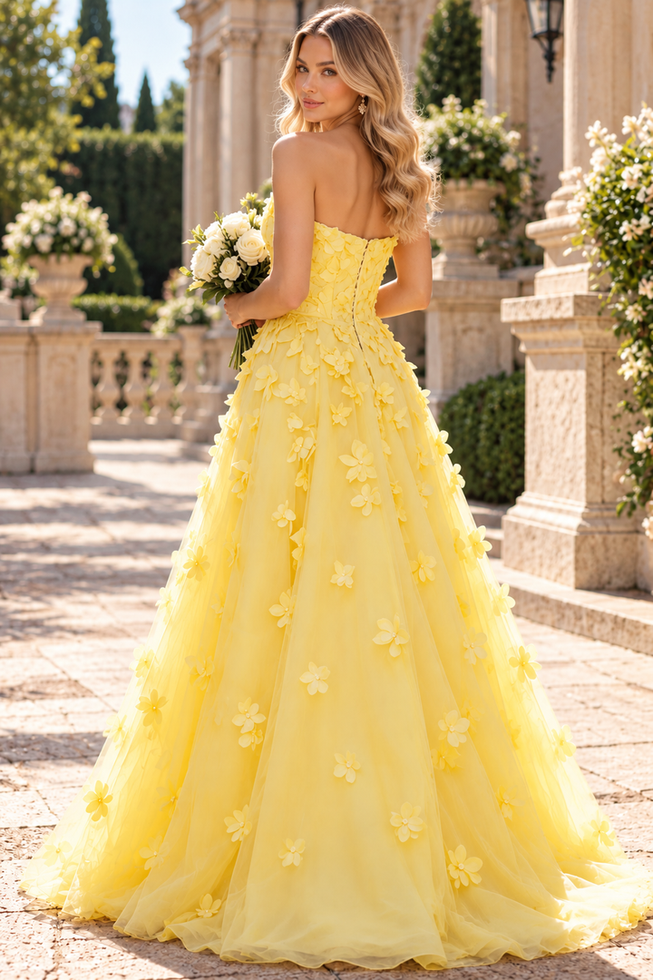 Yellow Strapless A-Line Empire-Waist Appliques Long Prom Gown