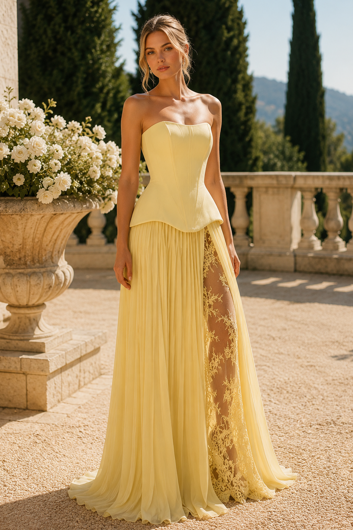 Yellow Strapless A-Line Empire-Waist Pleated Chiffon Prom Evening Dress with Lace