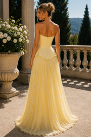 Yellow Strapless A-Line Empire-Waist Pleated Chiffon Prom Evening Dress with Lace
