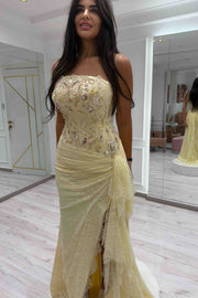 Yellow Strapless A-Line Lace High Slit Ruffles Long Prom Dress with Appliques