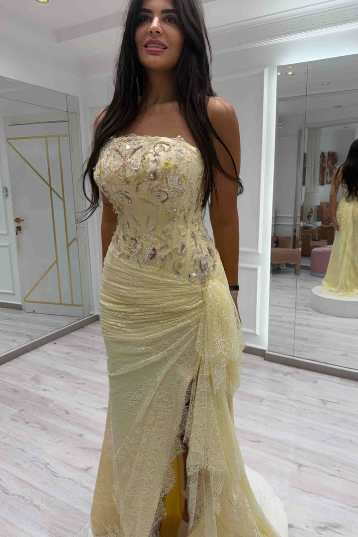 Yellow Strapless A-Line Lace High Slit Ruffles Long Prom Dress with Appliques