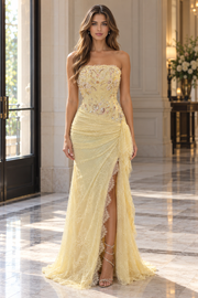 Yellow Strapless A-Line Lace High Slit Ruffles Long Prom Dress with Appliques