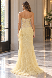 Yellow Strapless A-Line Lace High Slit Ruffles Long Prom Dress with Appliques