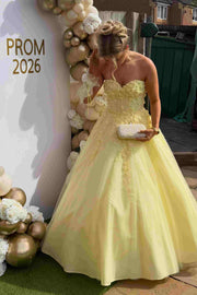 Yellow Strapless Empire-Waist Appliques A-Line Long Prom Dress