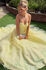 Yellow Strapless Empire-Waist Appliques A-Line Long Prom Dress