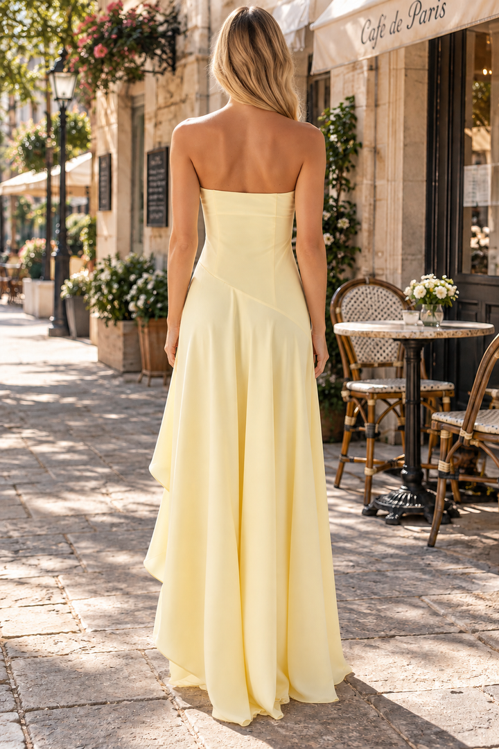 Yellow Strapless High Slit Satin A-Line Long Prom Party Dress