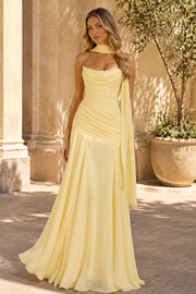 Yellow Strapless Pleats Chiffon Sleeveless Long Prom Formal Dress