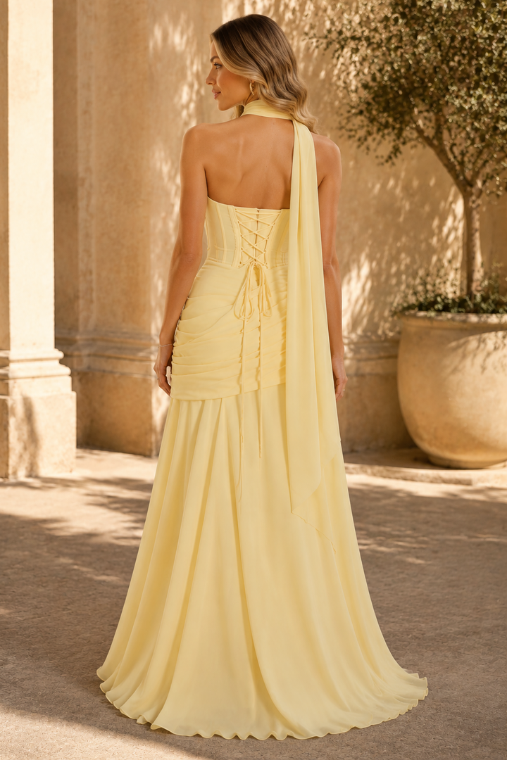 Yellow Strapless Pleats Chiffon Sleeveless Long Prom Formal Dress