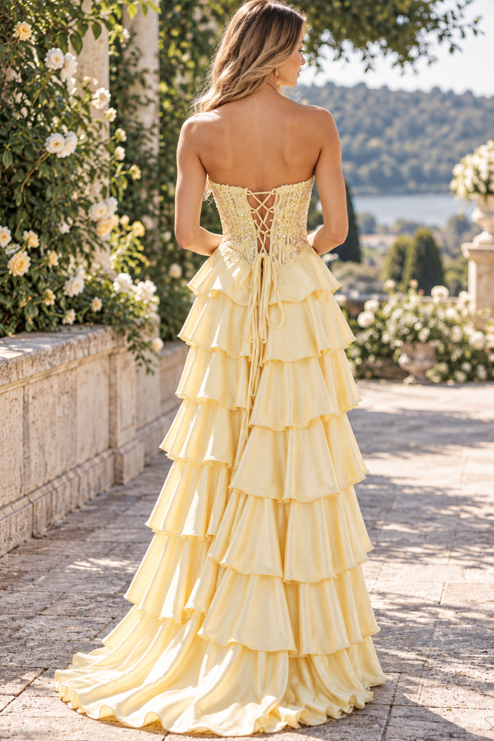 Yellow Strapless Tiered Ruffles Satin High Slit Prom Dress with Appliques