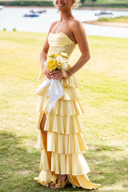 Yellow Strapless Tiered Ruffles Satin High Slit Prom Dress with Appliques