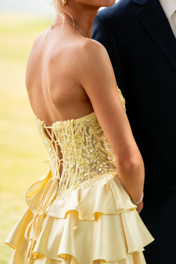 Yellow Strapless Tiered Ruffles Satin High Slit Prom Dress with Appliques