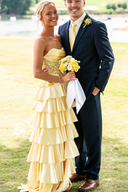 Yellow Strapless Tiered Ruffles Satin High Slit Prom Dress with Appliques