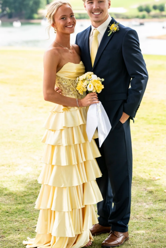 Yellow Strapless Tiered Ruffles Satin High Slit Prom Dress with Appliques