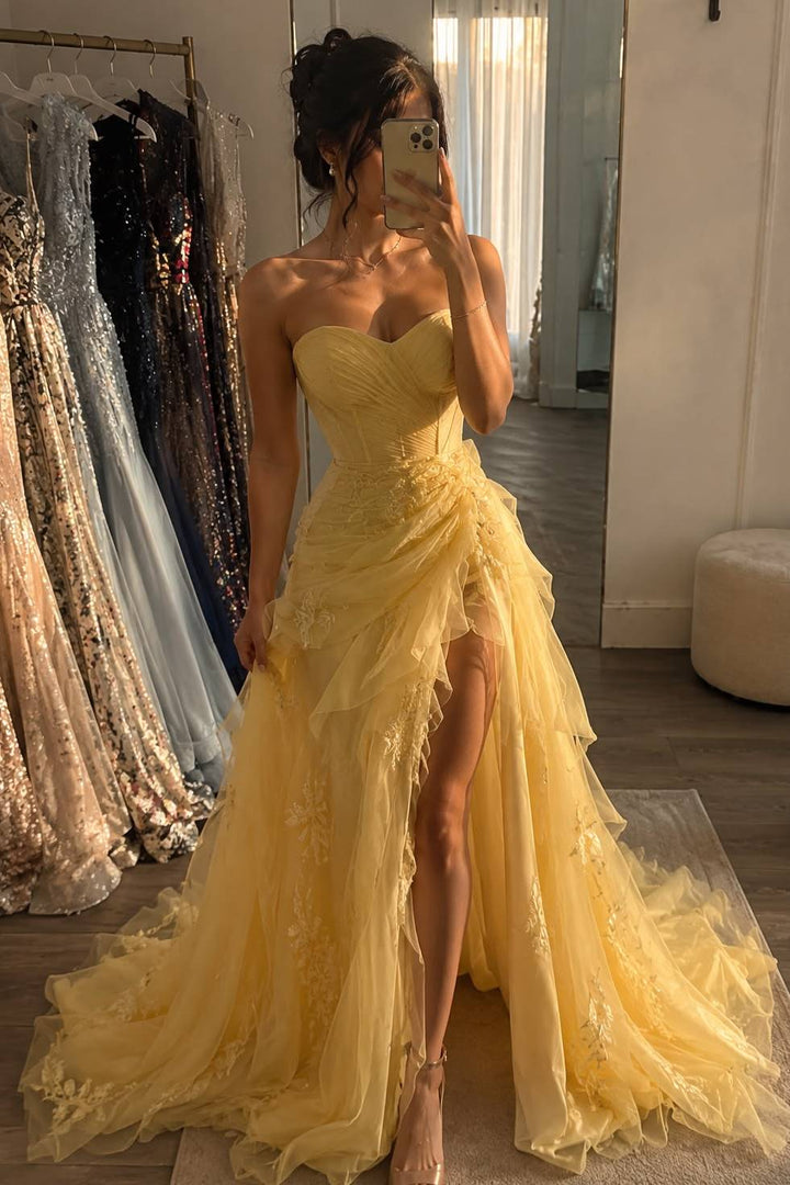 Yellow Sweetheart A-Line Ruffles Strapless Prom Dress with High Slit