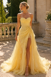 Yellow Sweetheart A-Line Ruffles Strapless Prom Dress with High Slit