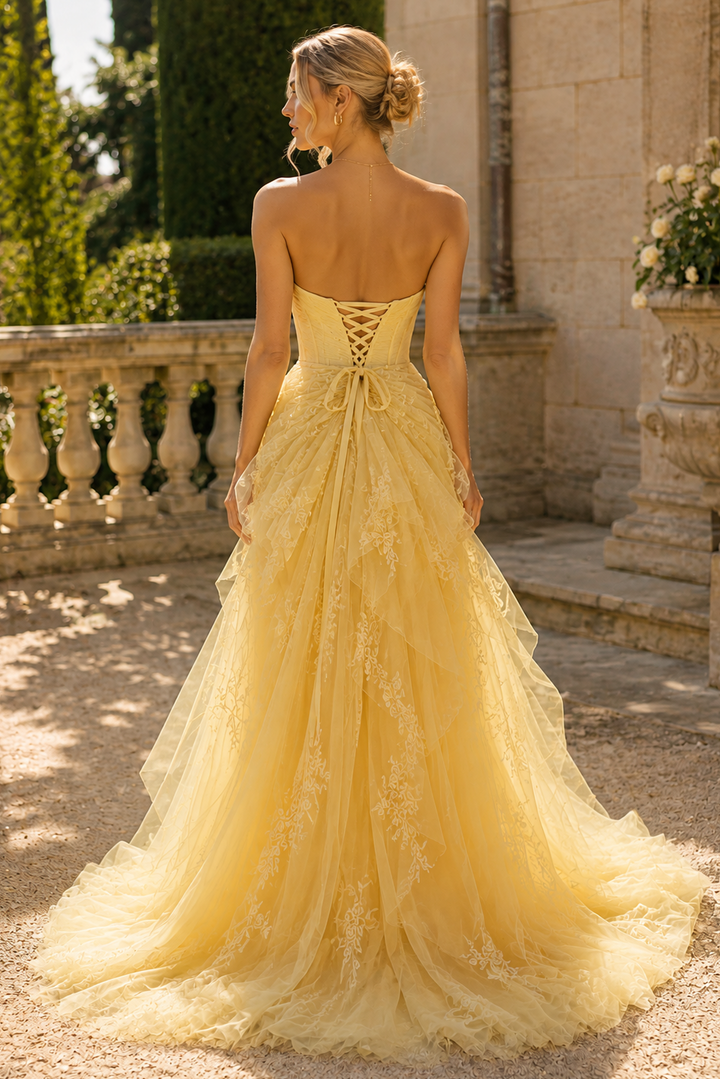Yellow Sweetheart A-Line Ruffles Strapless Prom Dress with High Slit