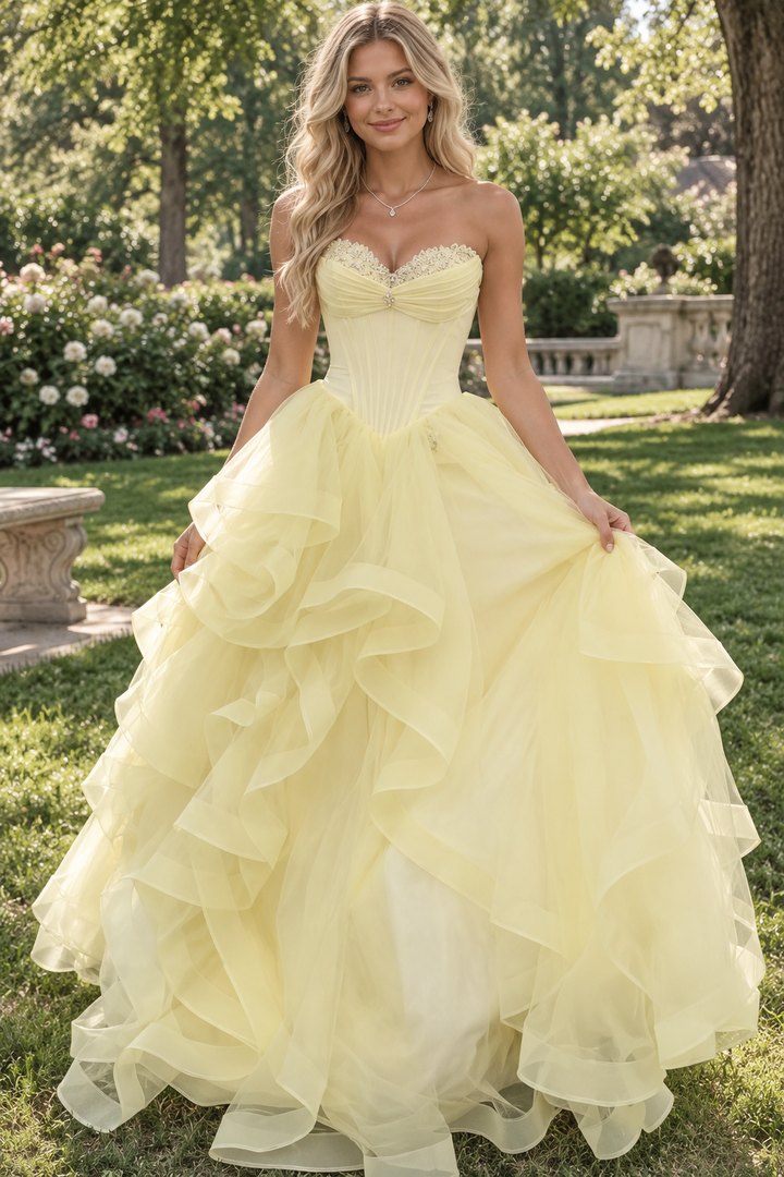 Yellow Sweetheart A-Line Strapless Ruffles Empire-Waist Sleeveless Long Prom Dress