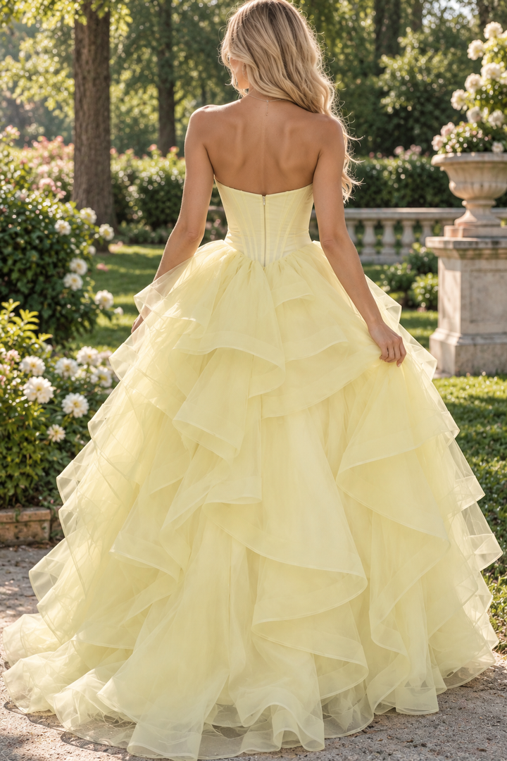 Yellow Sweetheart A-Line Strapless Ruffles Empire-Waist Sleeveless Long Prom Dress