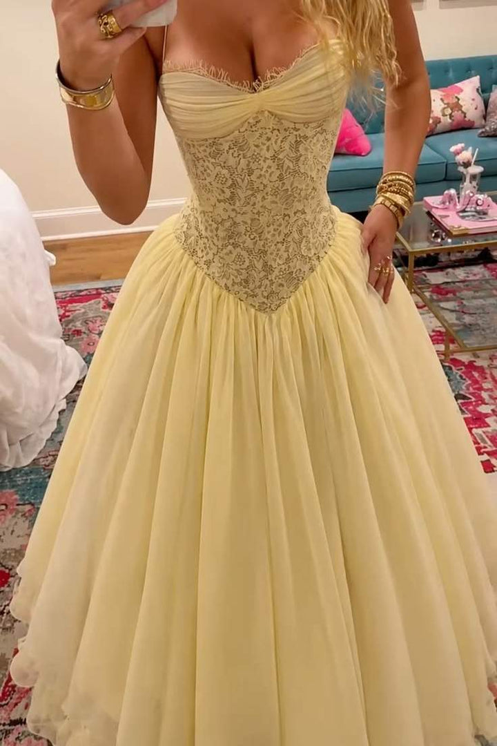 Yellow Sweetheart Strapless A-Line Chiffon Long Prom Dress with Applique
