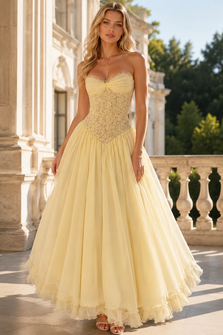 Yellow Sweetheart Strapless A-Line Chiffon Long Prom Dress with Applique